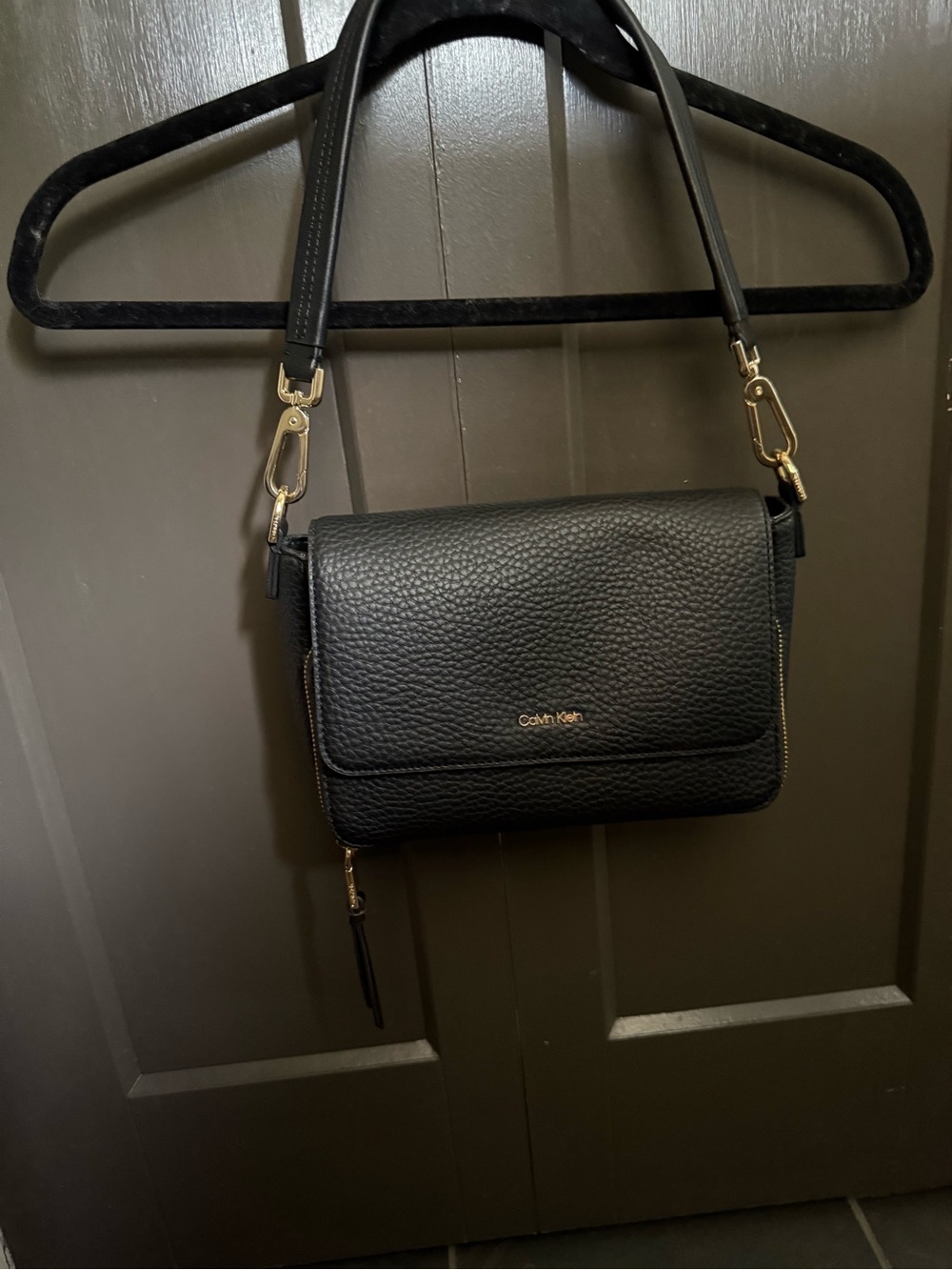 Calvin Klein Black Pebbled Shoulder Bag with Gold Hardware